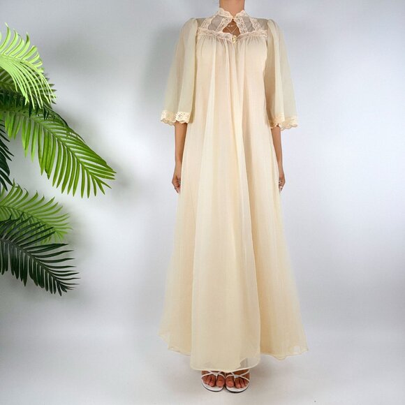 Vintage 60s Cream Lace Cottagecore Nightgown Peignoir Slip Dress & Robe Set / S - Picture 4 of 6